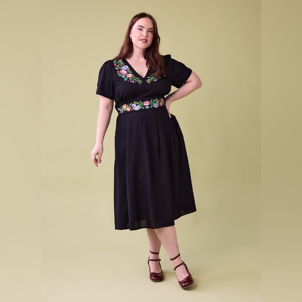 NWT Joanie Black Midi Dress with Floral Embroidery